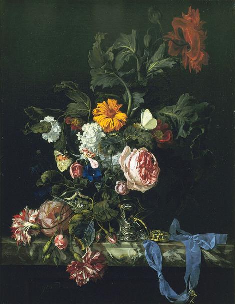 Køb håndmalet af 'Stilleben med blomster og et ur' Willem van Aelst